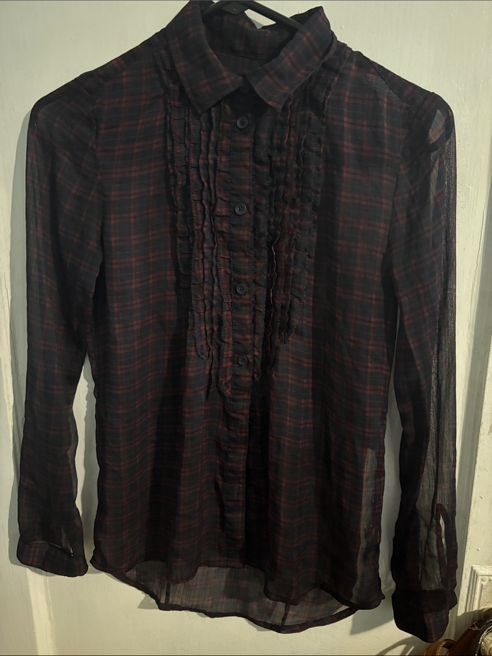 American Eagle Outfitters Black Sheer Plaid Ruffle-Front Blouse